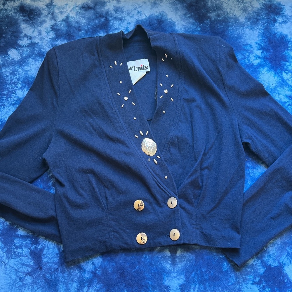 Navy Blouse with Silver Decor